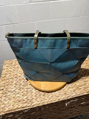 Patchwork Teal Leather Tote Bag with Contrast Straps